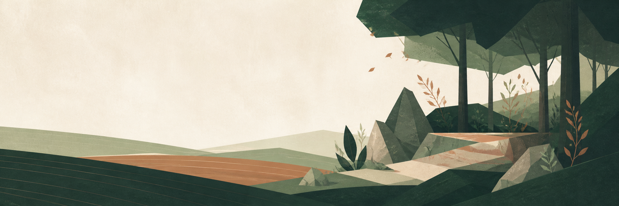 A quiet stylized landscape of fields, stones, and a woodland nook