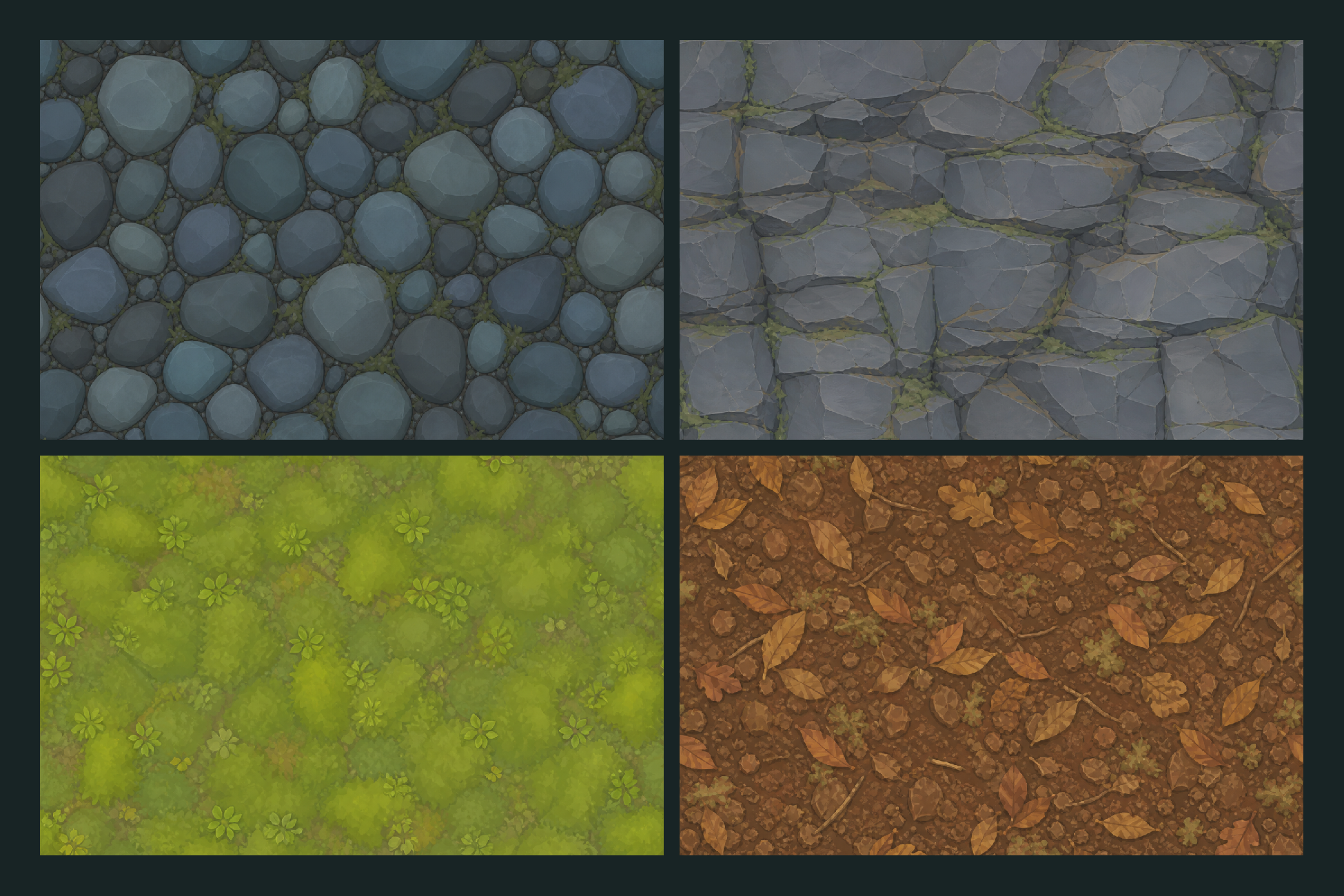 A four-panel overview of Willowmere grass, soil, stone, and bark materials